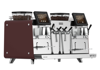 BeyondTraditional, professional coffee machine, hybrid coffee machine, front left view, burgundy color